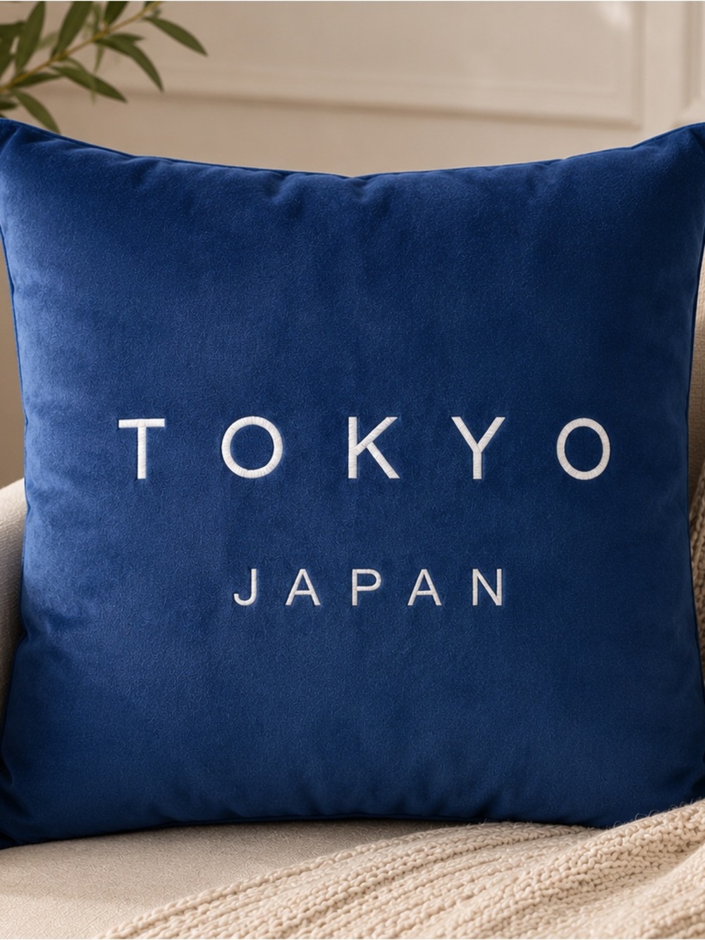 TOKYO JAPAN Navy Decorative Throw Pillow - Soft Velvet Accent
